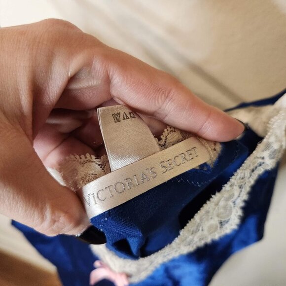 Vintage Victorias Secret 90s Y2K Blue White Lace Trim Slip Dress - Picture 6 of 7